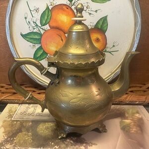 Vintage Engraved Brass Teapot with Ornate Lid